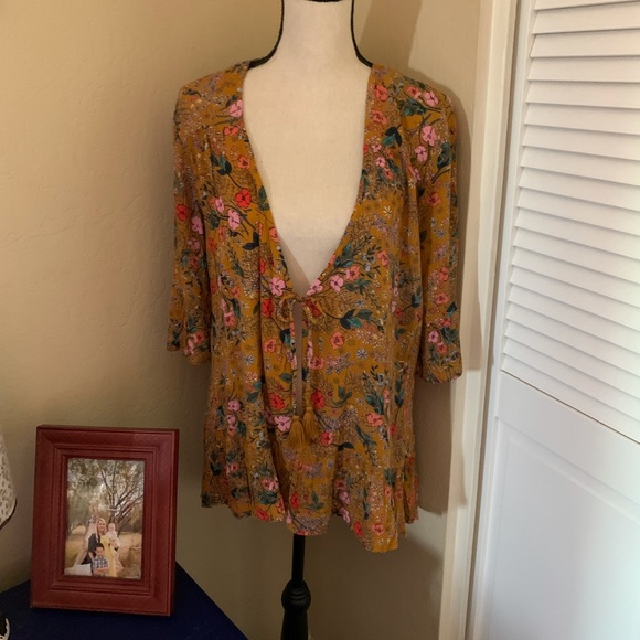 Floral Mustard 70s Kimono M - Picture 2 of 5